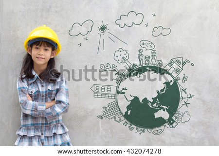 Little girl engineering with creative drawing on world map environment with happy family, eco friendly, save energy, against a brick wall