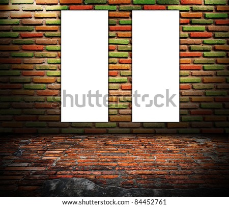 Old brick wall with blank sign ready for copy. grunge industrial interior Uneven diffuse lighting version. Design component
