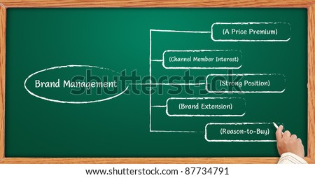 Hand writing graph brand manager business marketing plan on a blackboard.