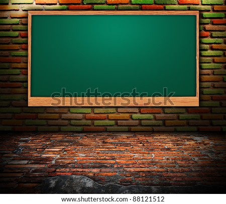 Grungy room brick wall with Blackboard.  interior Uneven diffuse lighting version. Design component