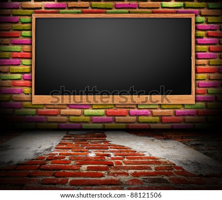 Grungy room brick wall with Blackboard.  interior Uneven diffuse lighting version. Design component