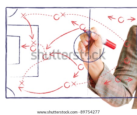 Hand writing a soccer game strategy plan on a whiteboard. creativity concept