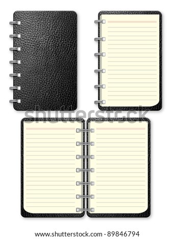 Set of Black leather notebook on white background