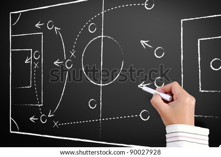 Hand writing a soccer game strategy on a blackboard.
