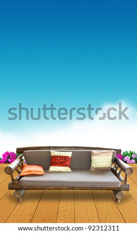 Bamboo seats on Wooden floor on blue clear sky background