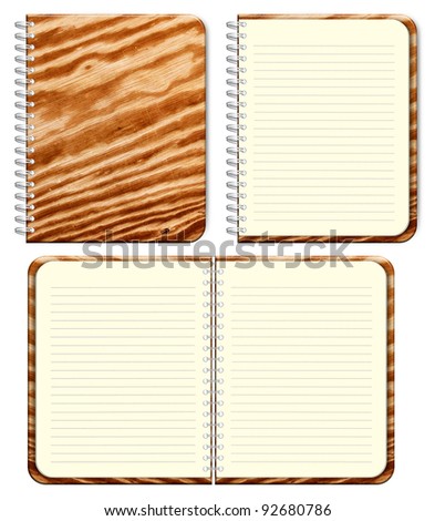 Blank spiral notebook with texture wood front cover.  isolated on white background
