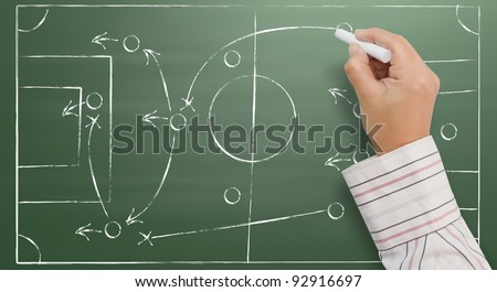 Hand writing a soccer game strategy on a blackboard.
