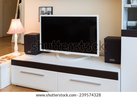 Modern living room - TV and speakers - ambient light, enhanced colors