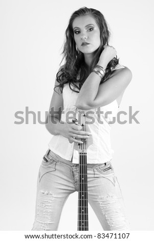 Woman with bass guitar, B&W
