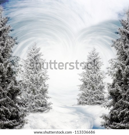 fantasy background with snow ice and trees in a hart shape cave