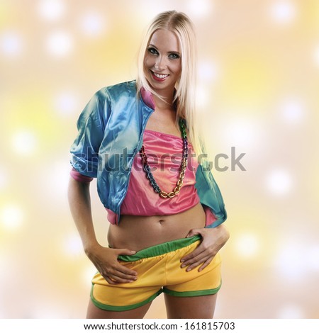 beautiful woman in crazy colorful dance outfit