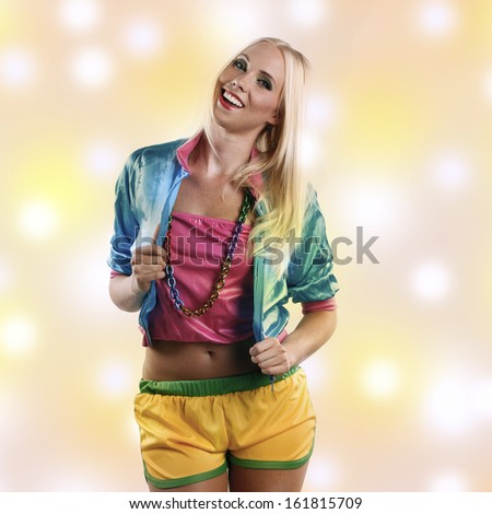 beautiful woman in crazy colorful dance outfit