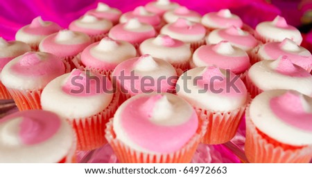 Cupcakes frosted with pink and white frosting.  Make for an all pink party.