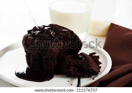 chocolate muffins with chocolate chips and chocolate sauce on white plate