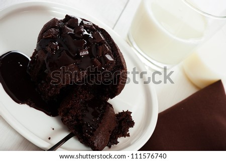 chocolate muffins with chocolate chips and chocolate sauce on white plate