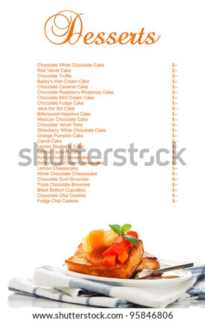Two slices of french toast with papaya, vanilla ice cream, caramel sauce and mint leaf on a white background with a big area for your text as a studio shoot