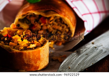 Tasty Spicy strudel with corn and minced meat as a new recipe
