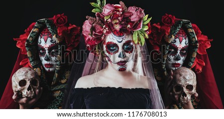 Portrait of Calavera Catrina. Sugar skull makeup. Dia de los muertos. Day of The Dead. Halloween.