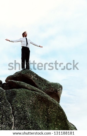 Successful business man standing on a peak of the mountain and purposefully looking away.