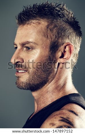 Close-up portrait of a handsome mature man. Profile.
