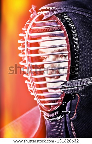 Close-up portrait of kendo fighter. Asian martial arts.