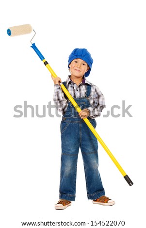 Little boy playing a painter. Different occupations. Isolated over white.