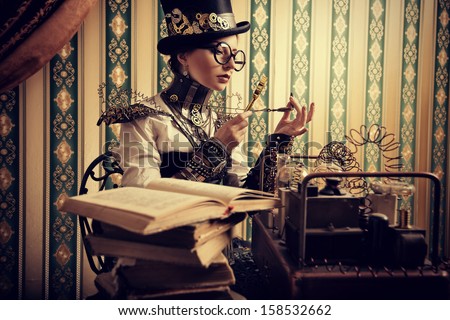 Portrait of a beautiful steampunk woman over vintage background.