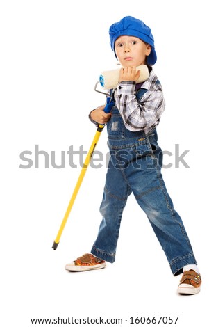 Little boy playing a painter. Different occupations. Isolated over white.