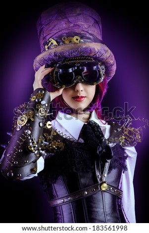 Girl in a stylized steampunk costume posing on a black background. Anime.