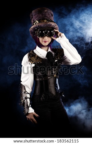 Girl in a stylized steampunk costume posing on a dark background. Anime.