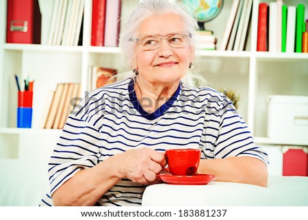 Smiling senior woman sitting at home on a sofa and drinking tea.