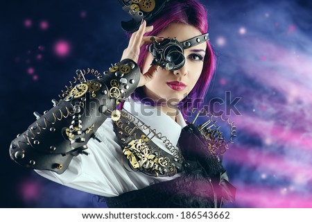 Girl in a stylized steampunk costume posing on a dark background. Anime.