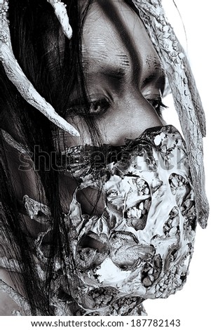 Close-up portrait of a mythical creature male. Alien creature. Horror. Halloween. Isolated over white. Black-and-white.