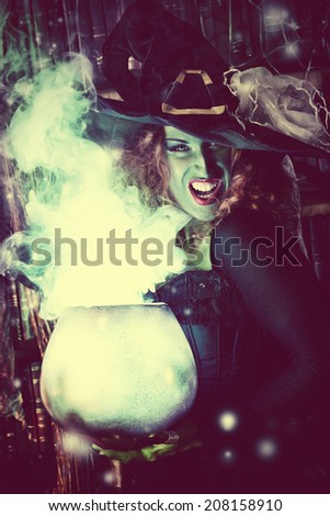 Fairy wicked witch in the wizarding lair. Magic. Halloween.