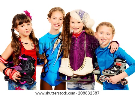 Group of children, fond of different sports, standing together and smiling. Isolated over white.
