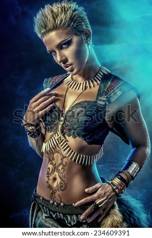 Portrait of a beautiful female warrior. Ancient times. Amazon.
