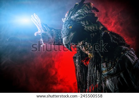 Portrait of a male shaman in ethnic dress surrounded by fog. Fantasy concept, magic.