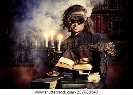 Portrait of a man steampunk in his research laboratory. Fantasy.