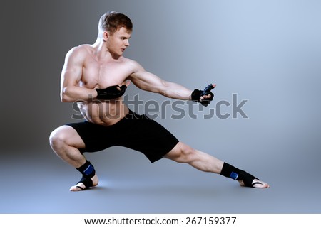 Muscular man in sportswear posing at studio. Bodybuilding. Martial arts.