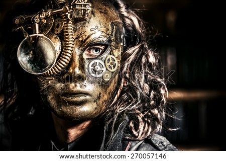 Steampunk man wearing mask with various mechanical devices.  Fantasy.