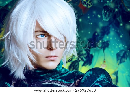 Close-up portrait of a handsome blond elf in the magic forest. Fantasy. Anime style.