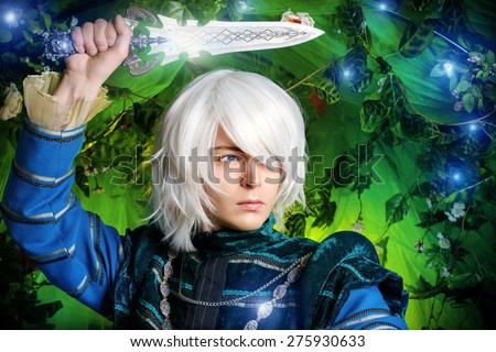 Beautiful blond elf with a dagger in his hand in the magic forest. Fantasy. Anime style.