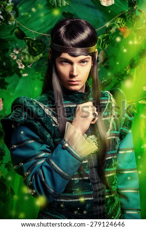Beautiful male elf in the magic forest. Fantasy. Fairy tale, magic.