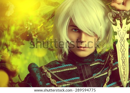 Beautiful blond elf with a dagger in his hand in the magic forest. Fantasy. Anime style.