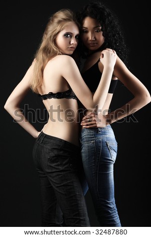 Portrait of two beautiful sexual female models. Beauty, fashion.