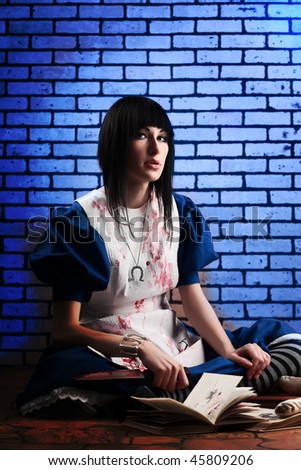 Portrait of a young woman dressed as Alice in Wonderland, video game.