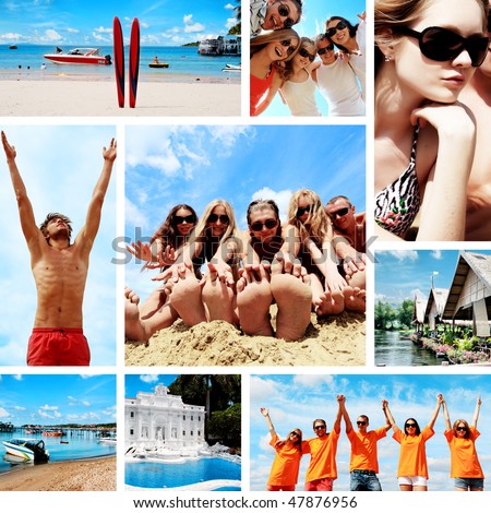 Collage of summer pictures with young people on the beach.