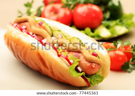 Close up of hot dog. Fast food. Isolated over white background.