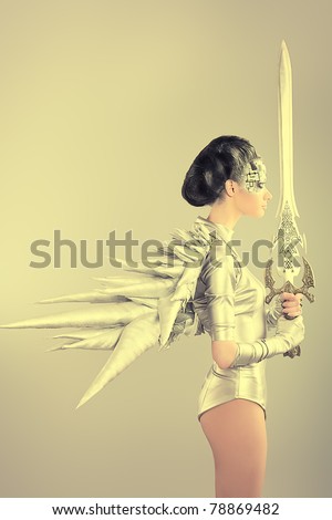 Shot of a futuristic young woman holding a sword.