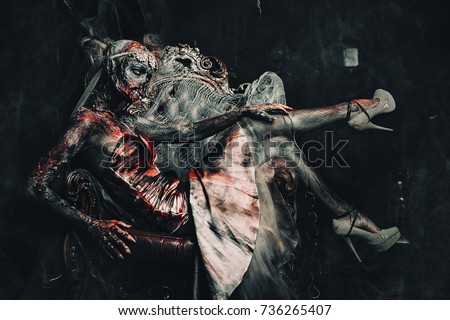 Zombie bride. Bloody dead bride woman in the old abandoned castle. Halloween. Horror.